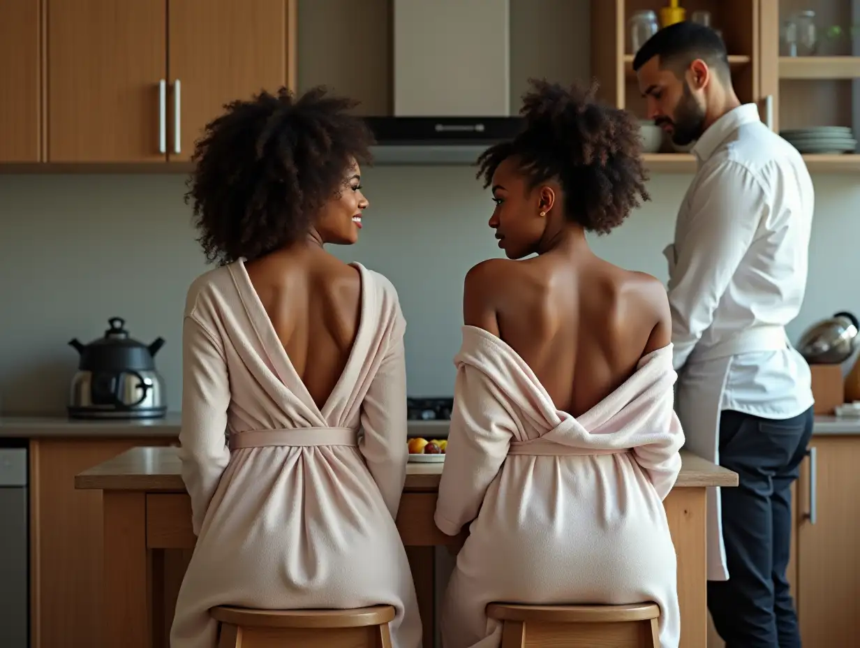 Two young black student flirtatious women of 18 years, sitting on a kitchen stool. Hands in the back. Sweaty bathrobe open décolleté, admiring the butler who cooks preparing breakfast. Morning. Bump on the butler's trousers. Open shirt.