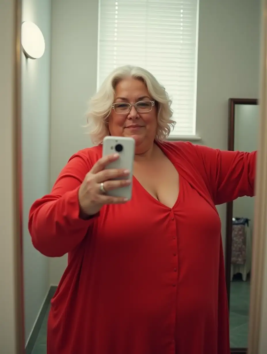 Curvy-Woman-in-Red-Robe-Taking-FullBody-Mirror-Selfie-in-Clothing-Store-Fitting-Room