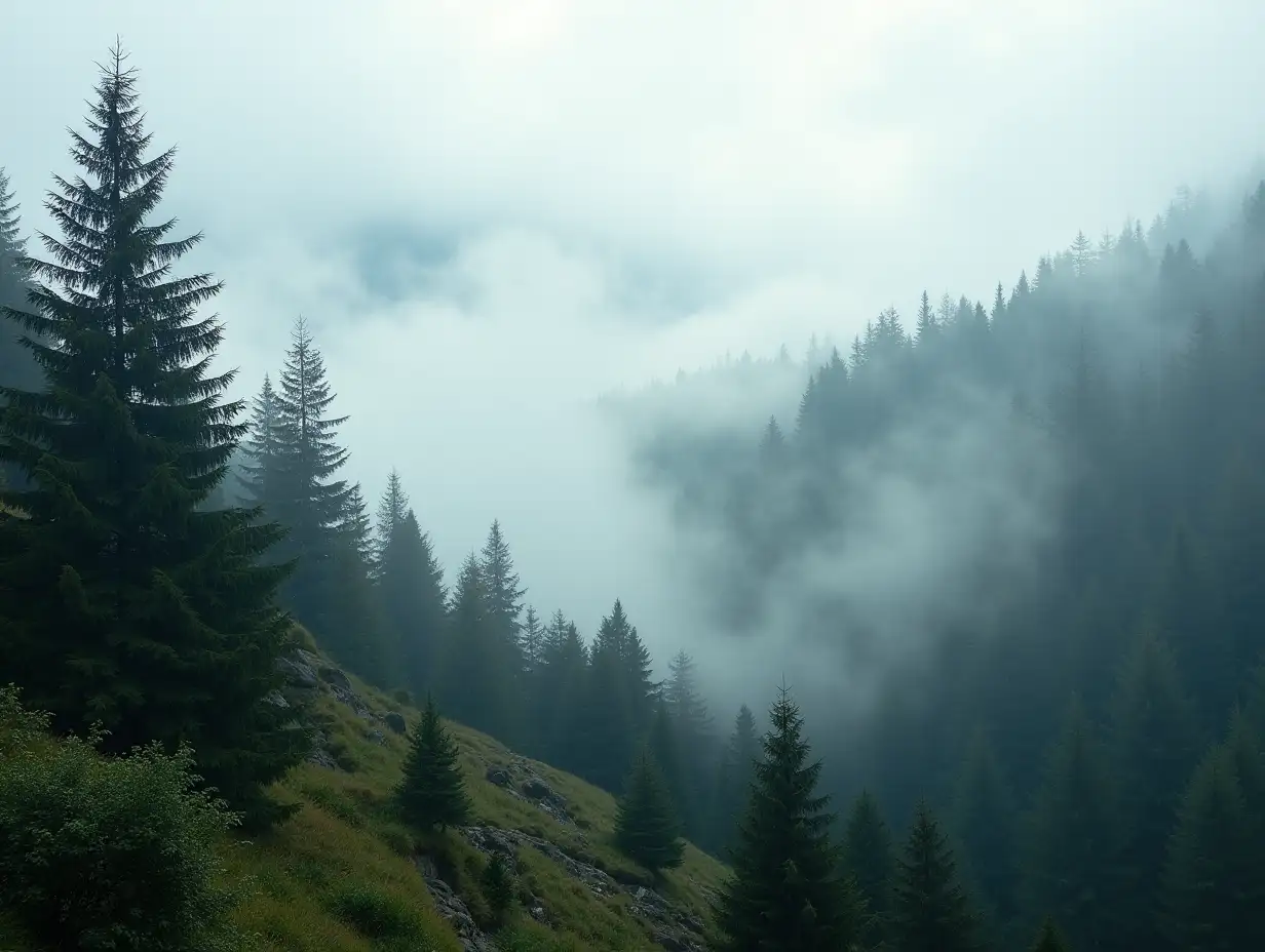 Morning fog in beautiful Alpine evergreen forest landscape