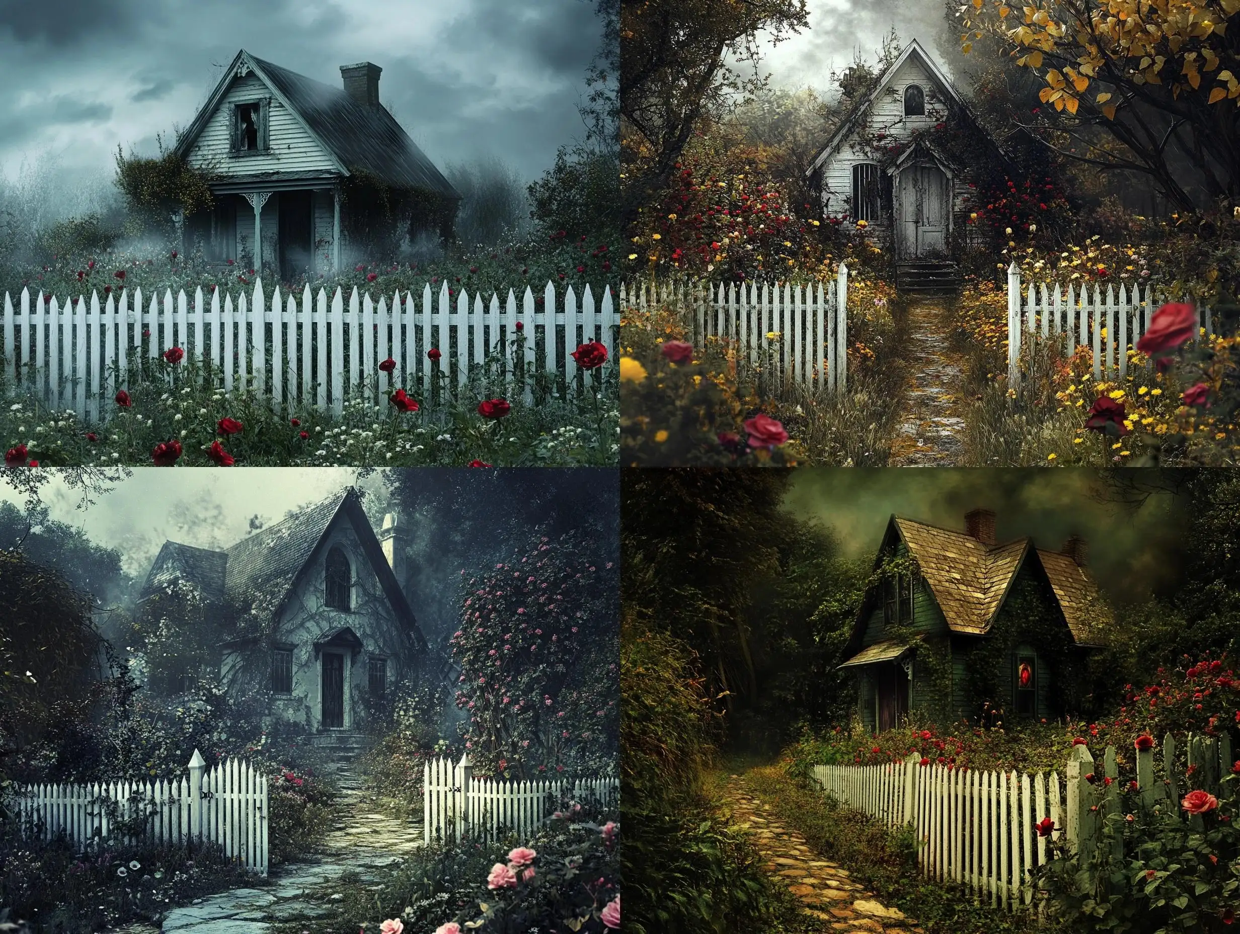 Cottage-Surrounded-by-Evil-with-White-Picket-Fence-and-Flower-Garden