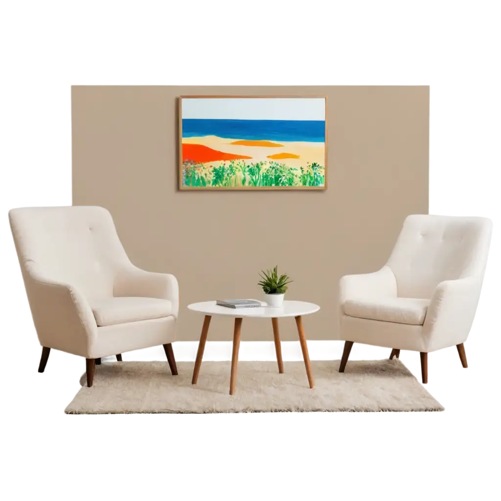 A living room with beige walls and white furnitures and a painting that is colorful