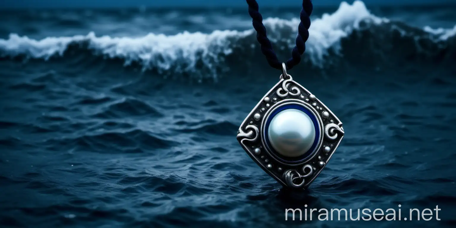 Mystical Pearl Amulet on Dark Blue Stormy Sea