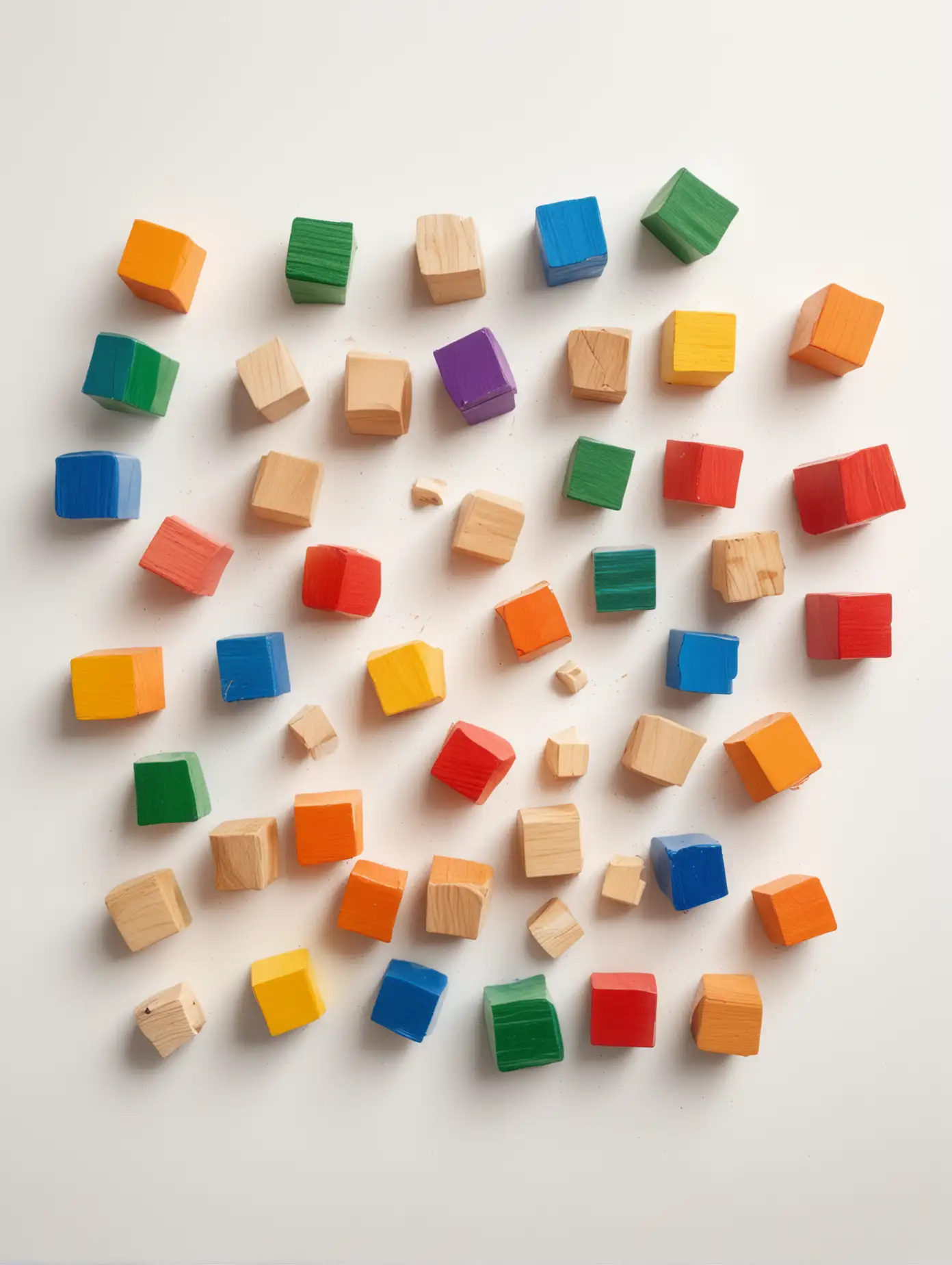 Colorful Wooden Cubes Arranged in a Playful Pattern on White Background