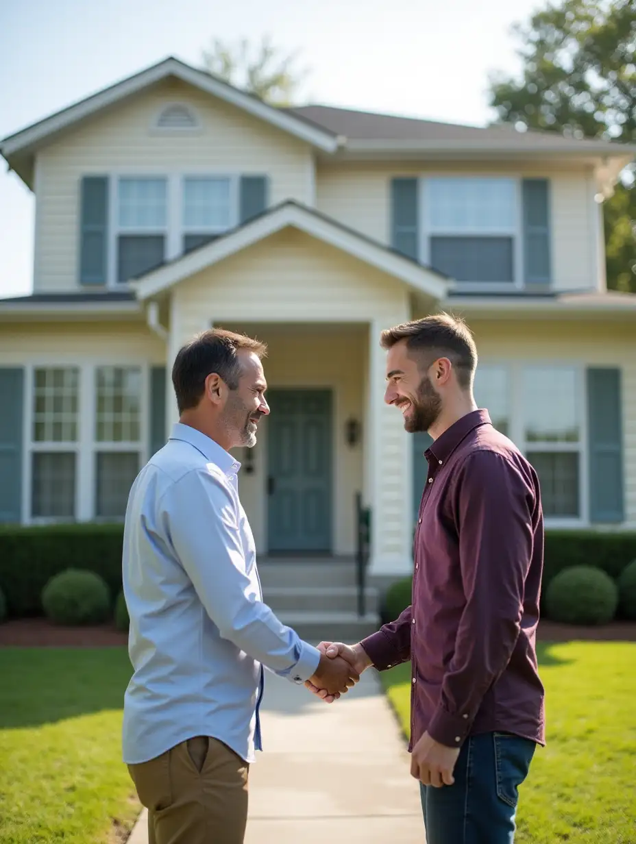 A bright and friendly scene where a landlord and a tenant are in front of a beautiful American-style house. The house is two stories, with a well-maintained garden and an inviting main entrance. The landlord and the tenant are smiling, shaking hands enthusiastically as they close a rental deal. The landlord is dressed professionally, while the tenant wears casual but presentable clothing. In the background, the sky is clear and the atmosphere reflects a sense of trust and satisfaction in both.