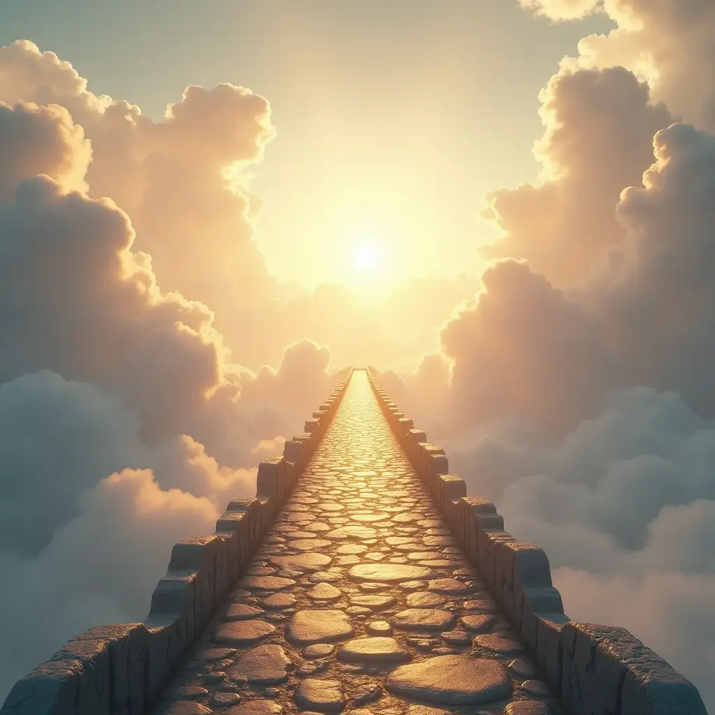 a road going up with a stone bridge in the middle among heavenly divine clouds use white golden bright tones create an atmosphere of love dynamic style 4k quality