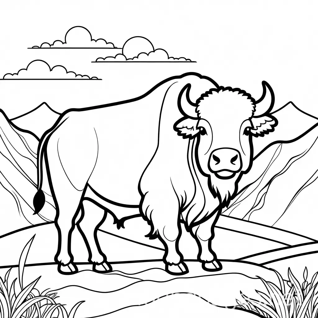 Cute Cartoon bison on a mountain coloring page, Coloring Page, black and white, line art, white background, Simplicity, Ample White Space. The background of the coloring page is plain white to make it easy for young children to color within the lines. The outlines of all the subjects are easy to distinguish, making it simple for kids to color without too much difficulty
