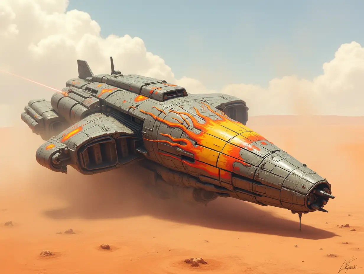 Creating a digital painting of a powerful, robust spaceship with intricate flame paint job in front of a desert landscape and photorealistic attention to detail for parts and lighting.