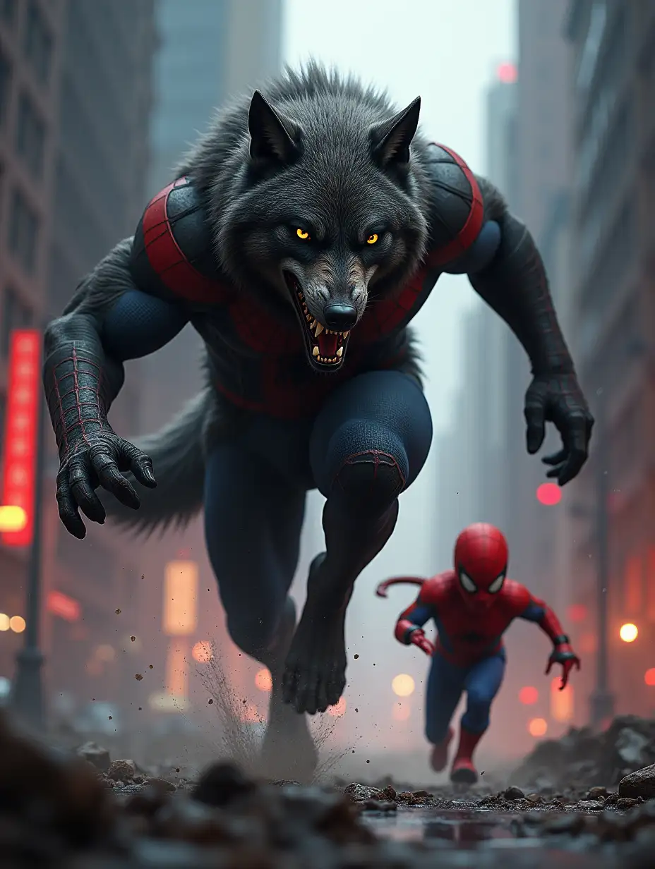 Gaint wolf angry walk and spider man and boy run fast in destroy city dark