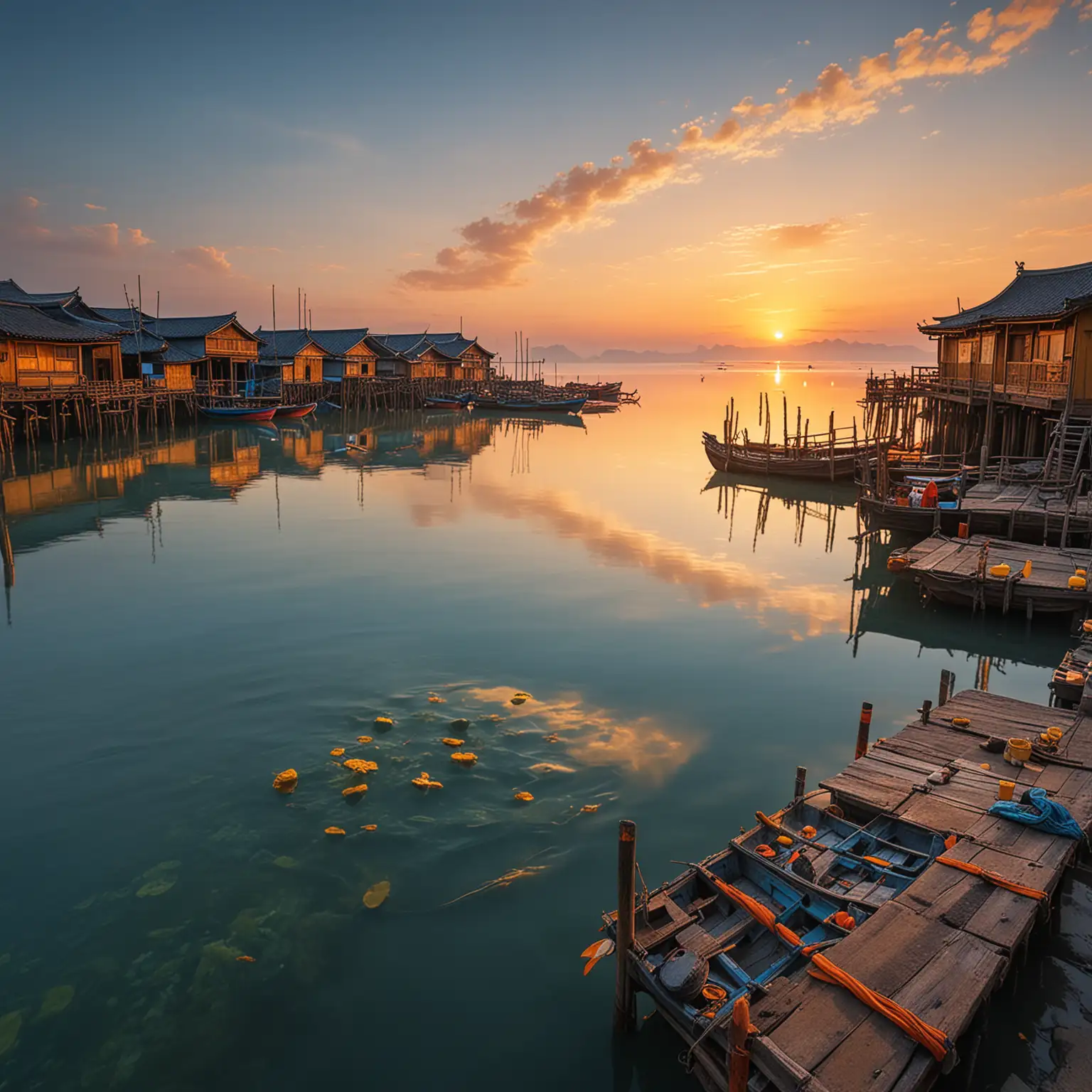 Photography, 3D ocean breeze, dreamy, ancient fishing village at sunrise, water mirrors the sky's colors seamlessly, fishing boats tied to piers connecting land to bay, rich and vivid colors, clear skies in blue, orange, and yellow, super wide lens, large depth of field, 8k resolution, resembling a poetic ink landscape in Chen Jialing’s style.