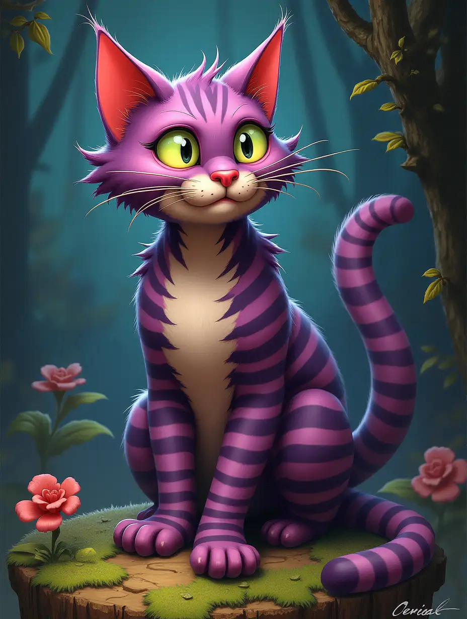 Cheshire cat, inspired by the book Alice in Wonderland, in the style of fantasy art by Boris Vallejo and Frank Frazetta.