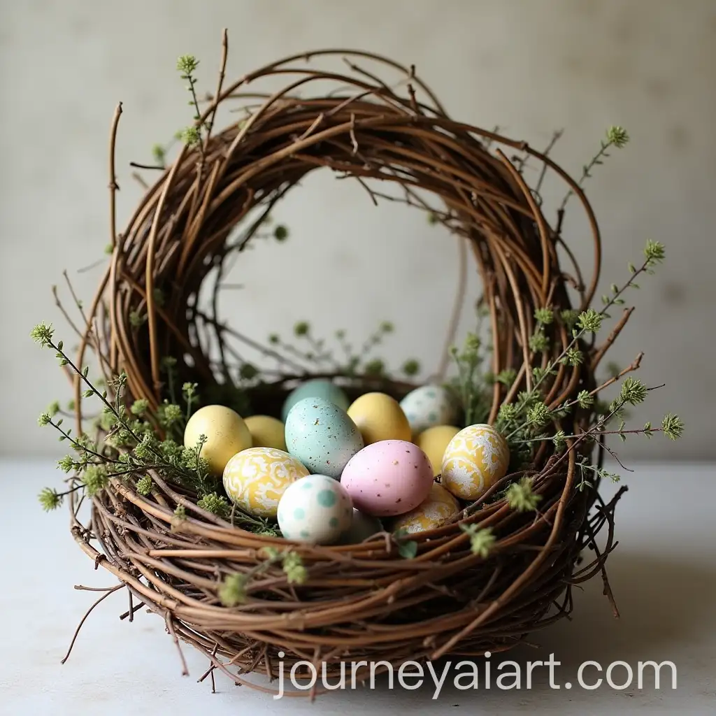Wicker-Nest-Made-of-Willow-Branches-with-Colorful-Easter-Eggs