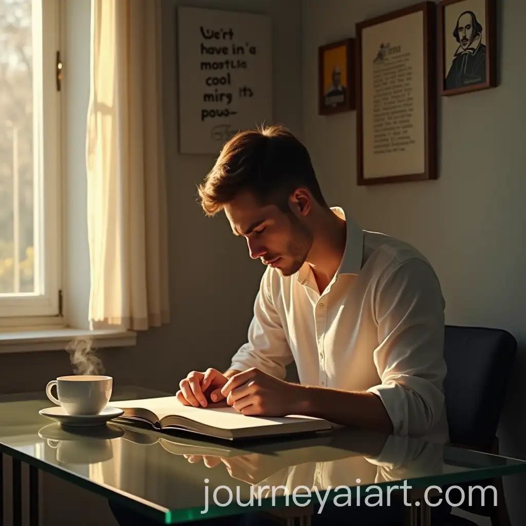 Young-Man-Reading-Manuscript-with-Coffee-on-Minimalist-Desk