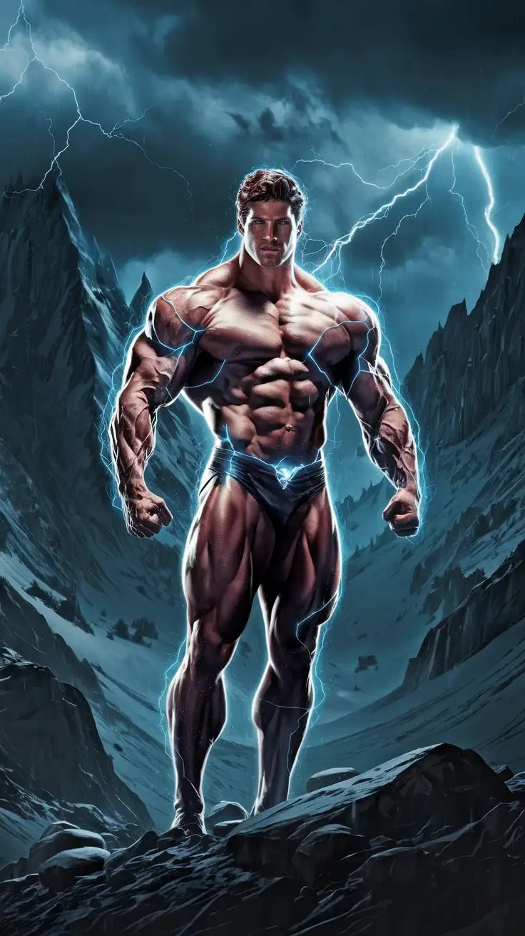 On a secluded mountain range. Supercharged brawn. Herculean powers. Blue electrical glow. 27-year-old musclegod bodybuilder superhero stands bellowing triumphantly in a lightning storm. Warrior of virtue. Hero of power. Man of destiny.