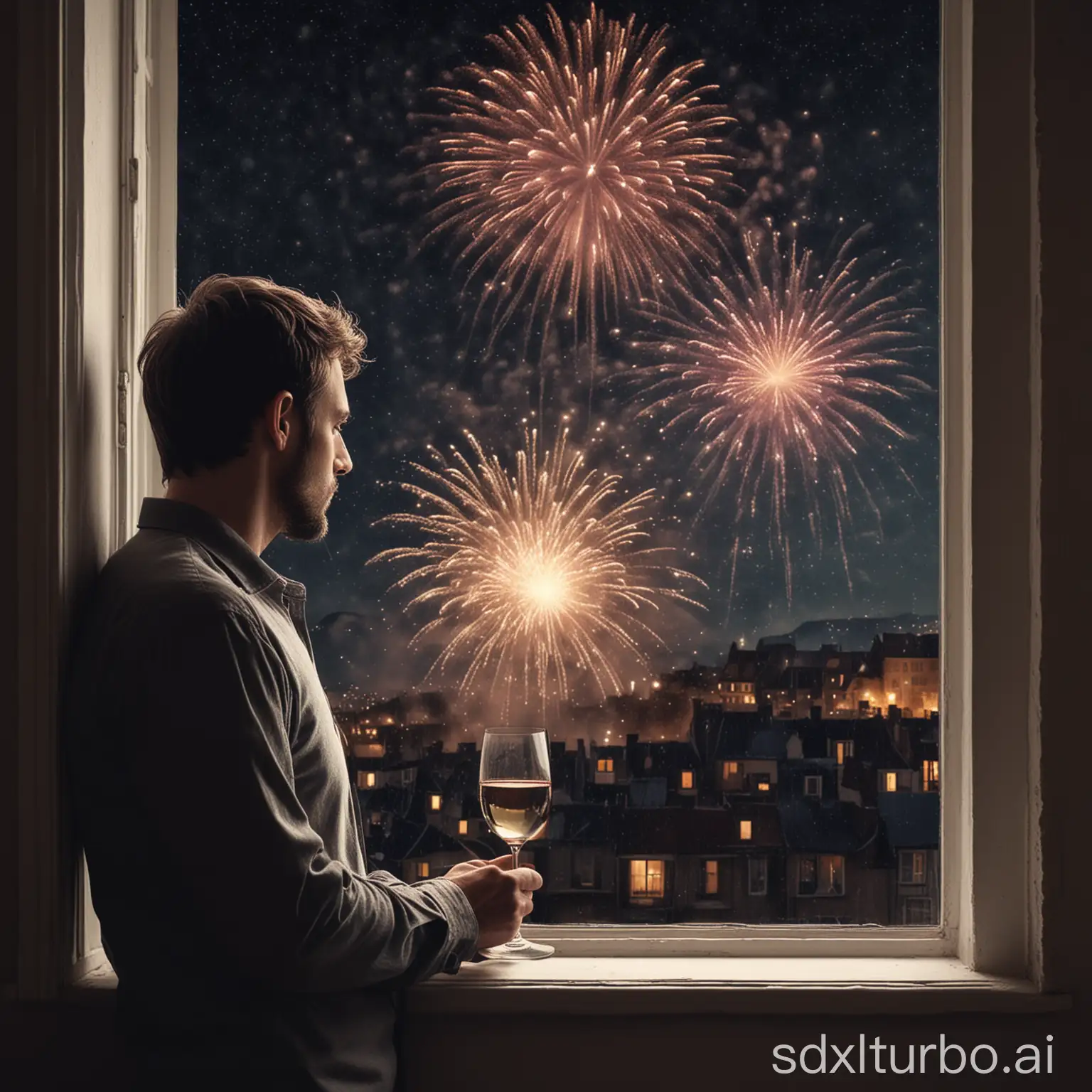 A lonely man with a wine glass looking at fireworks from the windowsill, his profile