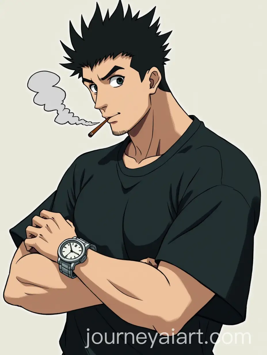 Muscular-Man-with-Short-Spiky-Hair-in-Oversized-Shirt-Ghibli-Style