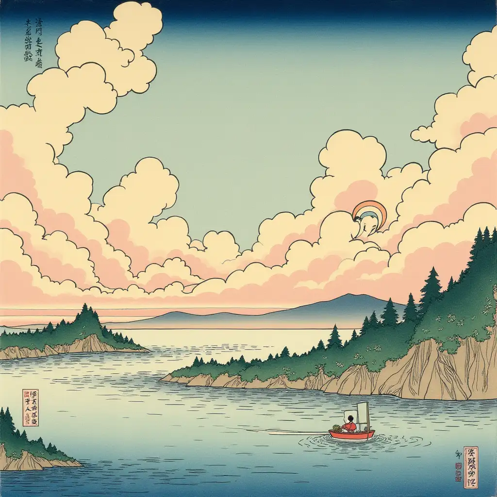 Ukiyo-e style.A scene of heaven