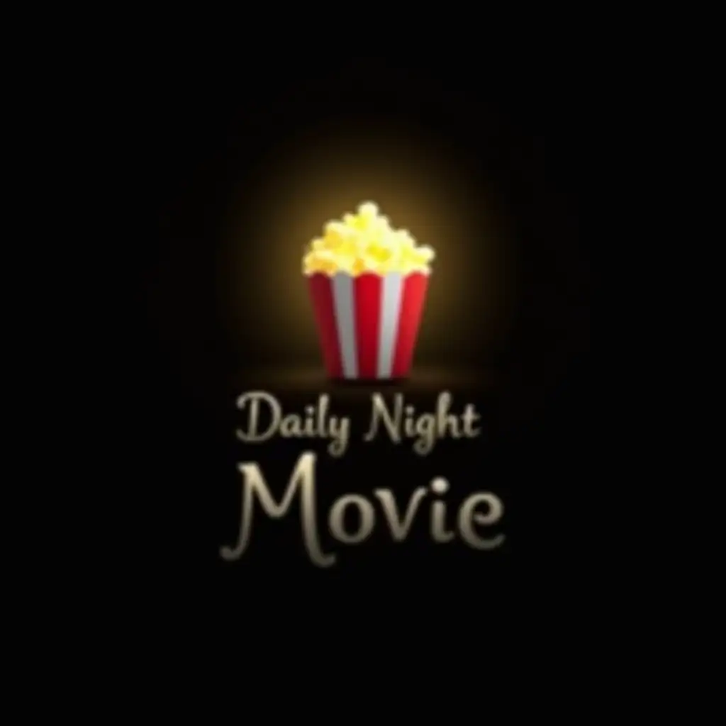 Design a sleek, minimalist YouTube channel logo featuring a glowing popcorn bucket in the center. Below the popcorn bucket, in soft, elegant font, write 'Daily Night Movie'. The background should be black with a soft, subtle gradient to give it a smooth, clean look. The popcorn bucket should be vibrant, with soft yellow and white highlights, while the text should be in a calm, white or light gray color to create contrast against the dark background. The overall vibe should be modern and professional with a cinematic touch.