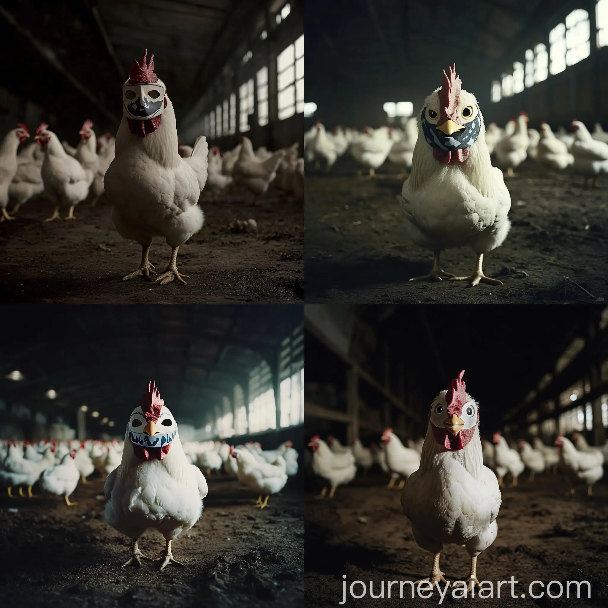 White-Chicken-in-Netanyahu-Mask-in-Dark-Farm-Hall