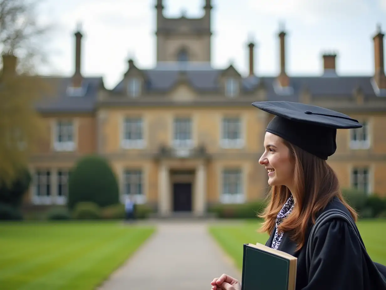 i need a facebook add for my study abroad business showing University of Roehampton building in background and a student with scholar cap on head and books in hand in front of building