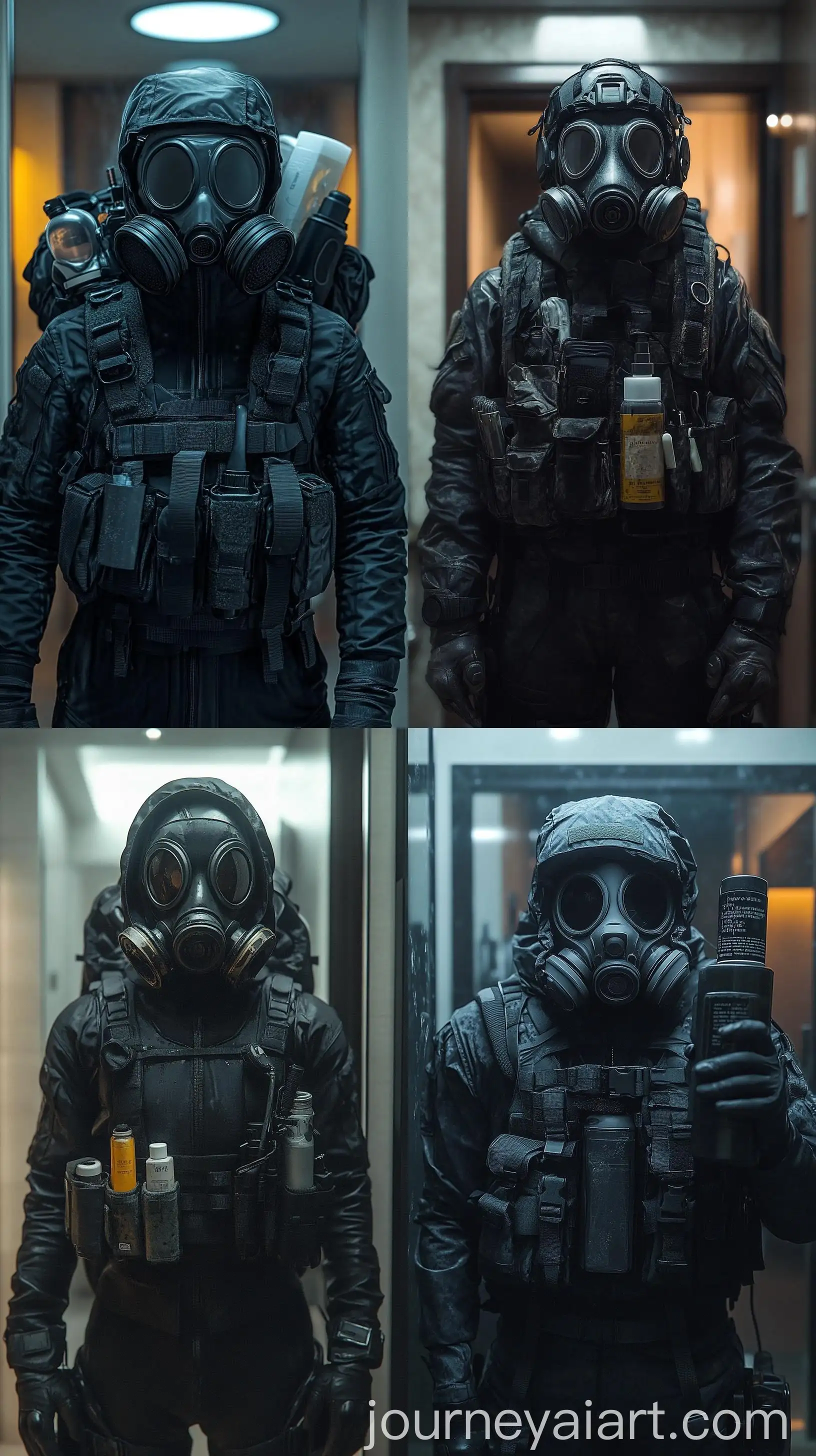 Surreal-Gas-Mask-Selfie-with-Tactical-Suit-and-Bathroom-Supplies