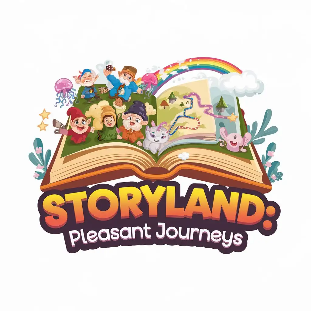 a vector logo design,with the text "Storyland: Pleasant Journeys", main symbol:Logo Design:

Text: Make the name of the channel "Land of Stories" in prominent and clear font, preferably colorful and attractive to children. Add "pleasure trips" in smaller font under the main name.

Colors: Use bright and cheerful colors such as azure, yellow, green, and pink. These colors reflect fun and imagination and suit the children's audience.

Symbols: Add elements that represent stories and journeys, such as:

An open book with fictional characters coming out of it (such as dwarves, magic jellyfish, or cute animals).
Adventure map with colorful trails and fantasy places.
Cloud or rainbow to add a touch of charm and imagination.
Design: Make items playful and easy to understand for kids. The book can be placed in the center of the design, with characters around it and adventurous places behind it. Make the text stand out to be easy to read.

Extra idea: A distinctive character or a story-inspired button mask can be included to be a channel icon, making it easier for children to remember the channel and associate it with fun and stories,complex,clear background