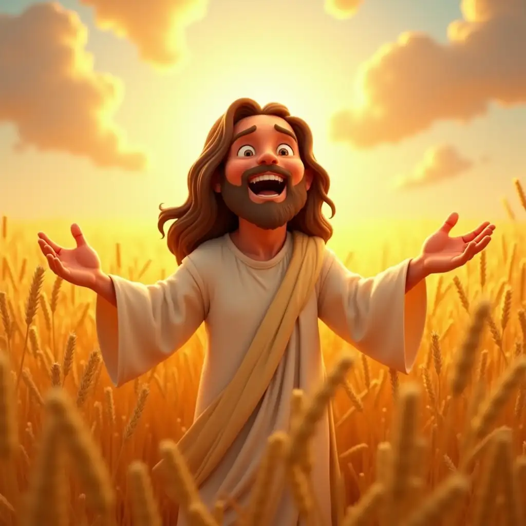 A joyful and emotional scene of Jesus of Nazareth standing in a field of wheat, with his hands open in a gesture of gratitude and blessing, in the style of rendered in Cinema4D, charming and divine character, vibrant and uplifting atmosphere, intricate details like golden wheat stalks, soft glowing light, and expressive gestures, dramatic shading with soft highlights, cartoonish caricatures with a touch of realism, biblical theme, colorful and engaging, inspired by Rudolph Belarski's dramatic compositions, aspect ratio 17:32, stylize 750, version 6.