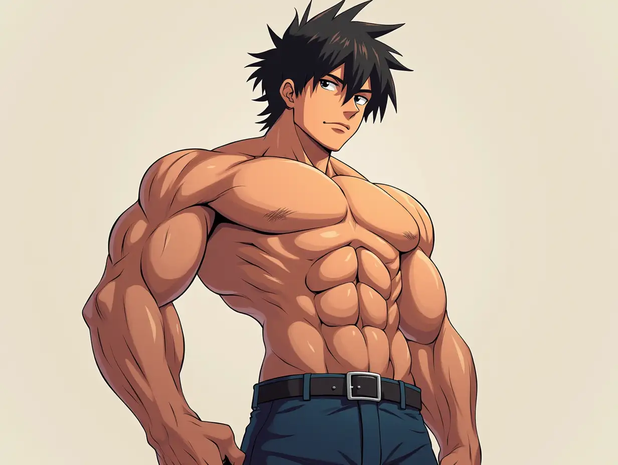 An anime character with six pack and veiny forearm with bit long hairs STANDING