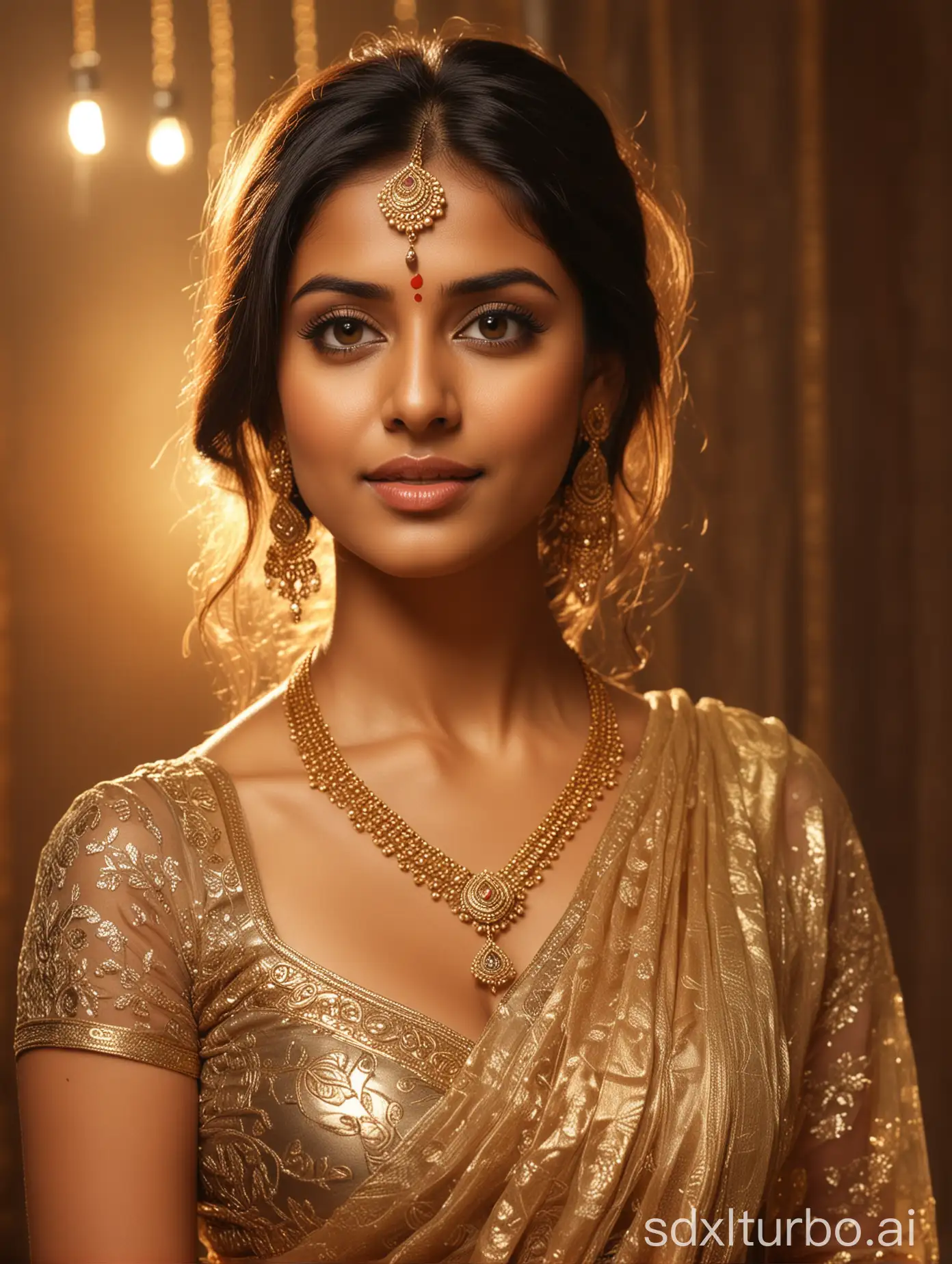 Cute Indian woman in mesh saree, gold detailed blouse, deep cleavage, high quality, Indian art style, warm tones, intricate jewelry, traditional setting, detailed facial features, atmospheric lighting