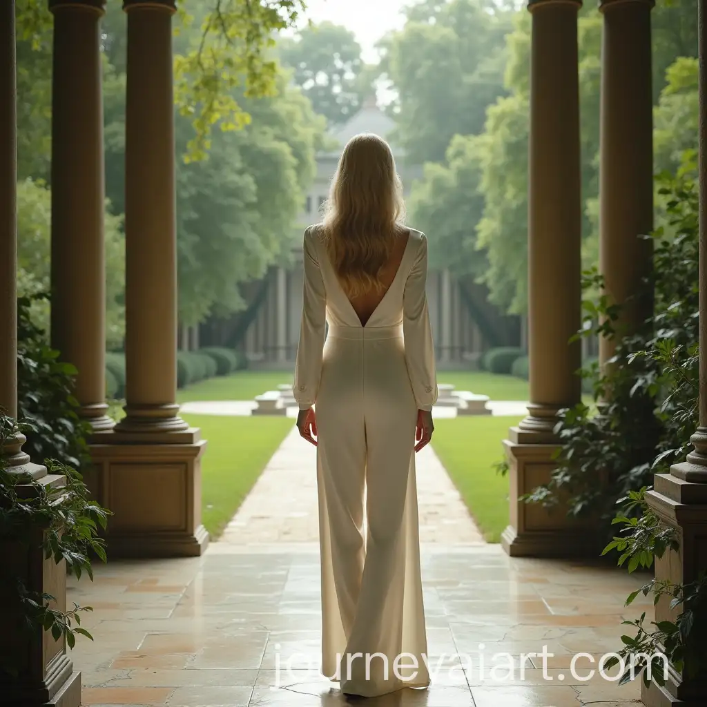 AI-Image-Prompt-ExpansionElegant-Blonde-Model-in-White-Dress-at-a-Majestic-Palace-Surrounded-by-Greenery