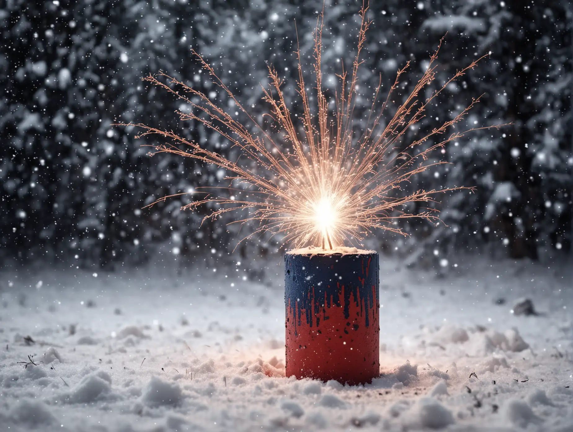 Cylinder-Firecracker-in-Snow-with-Christmas-Tree-Background