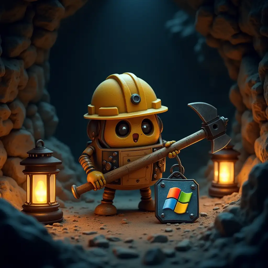 An image in the style of a video game where an anthropomorphized lock wearing a hard hat and is using a pickaxe to dig out an artifact in a mine. The artifact is a Windows XP logo. Give lighting from lanterns around the cavern. Make sure that the artifact is placed in the middle of the image.