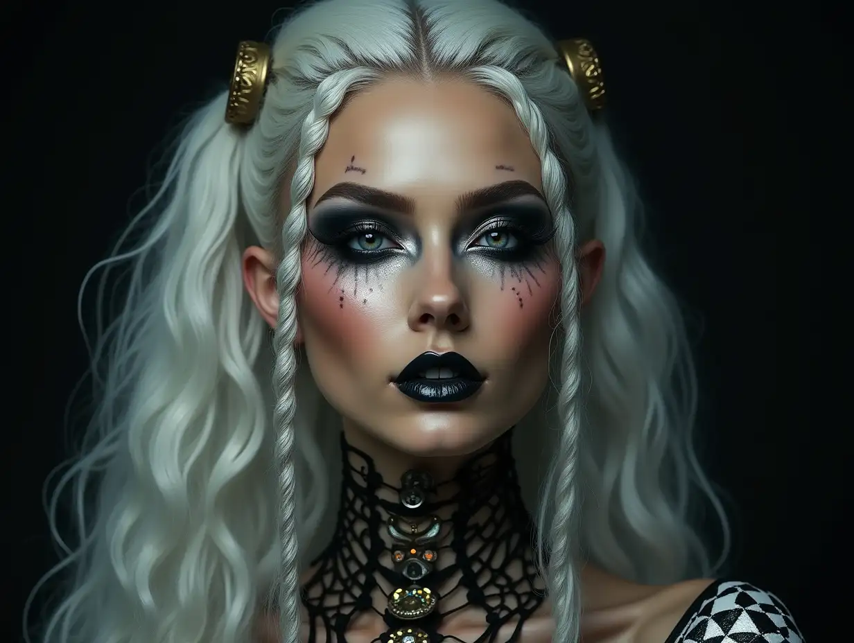 Depiction of a beautiful AlienWoman with makeup, shimmering around the eyes with a smile on the face-tattoo, futuristic long white and black-white checkered hair and laced boots, with intricately detailed, colorful and futuristic jewelry. Blurred black background 120mm shot