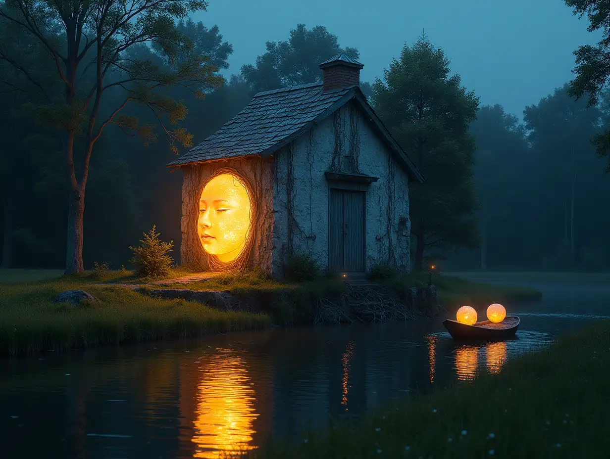 Face turning into a building with glass glowing balls and roots Lit on a meadow with lake and a boat Lit swimming balls looking at the viewer