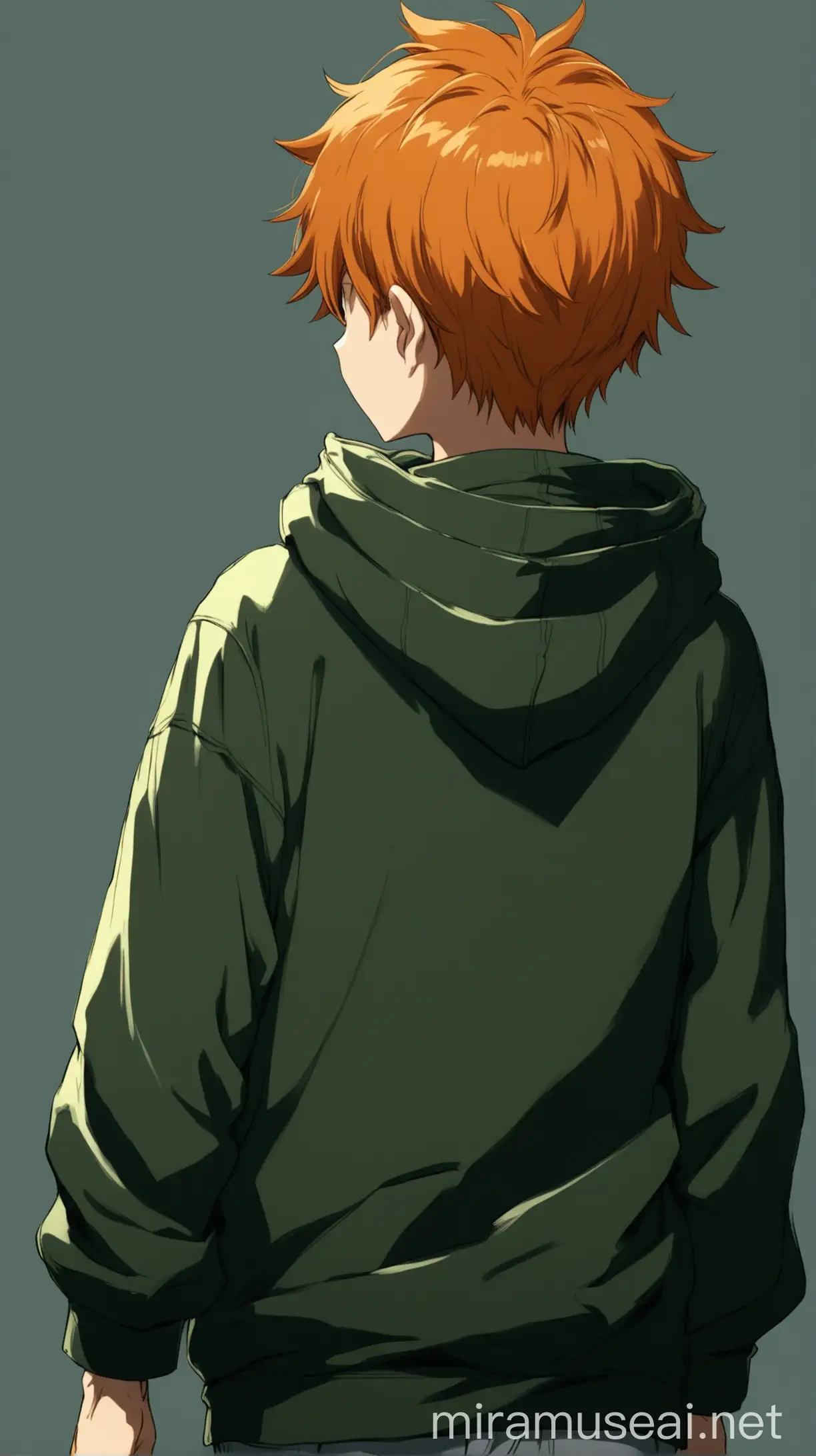 Anime Young Boy Character with Orange Hair in Dark Green Hoodie