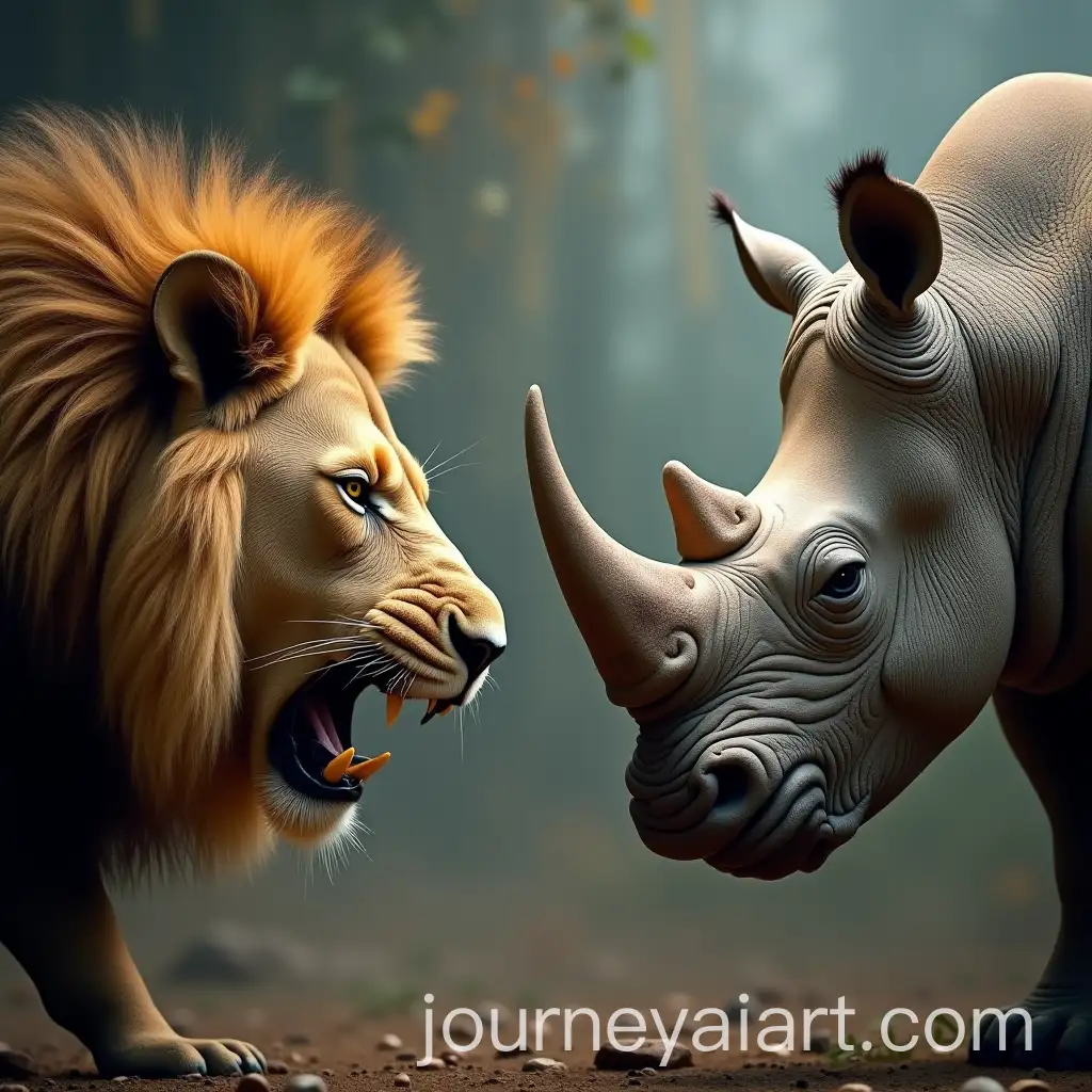 Angry-Lion-and-Rhino-Facing-Off-Intense-Battle-Stance