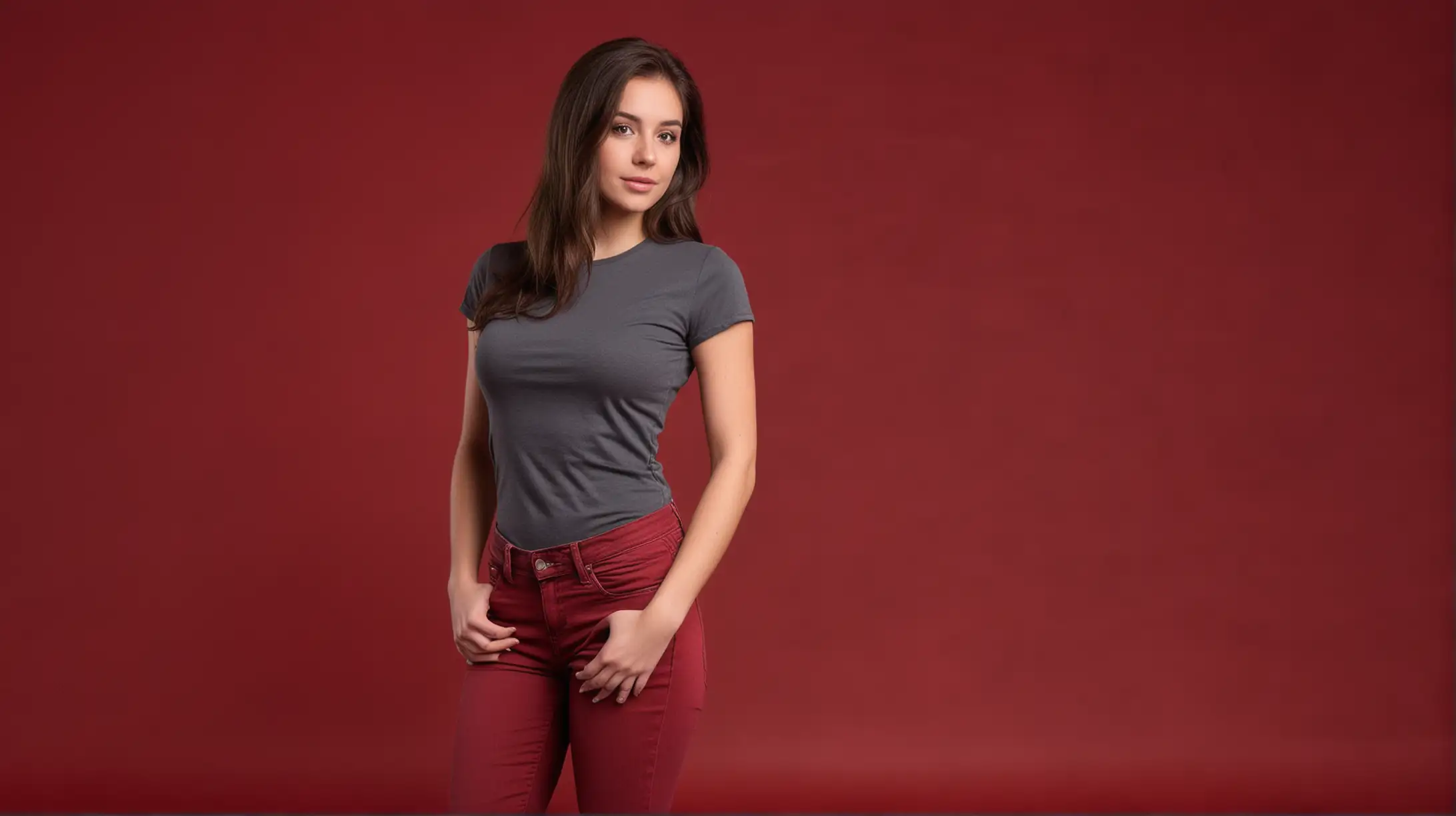 Brunette Woman in Casual Red Outfit on Vibrant Red Background