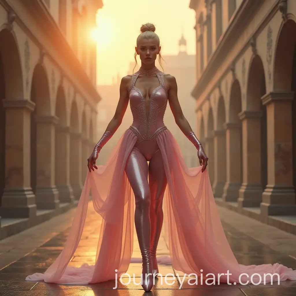 Hyperrealistic-Ballerina-in-Pink-and-Silver-Latex-at-Misty-Castle-Courtyard