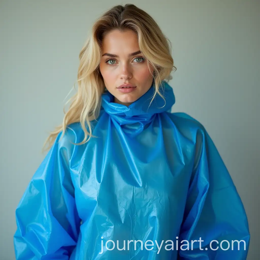 Stunning-Blonde-Woman-in-Creative-Blue-Plastic-Smock