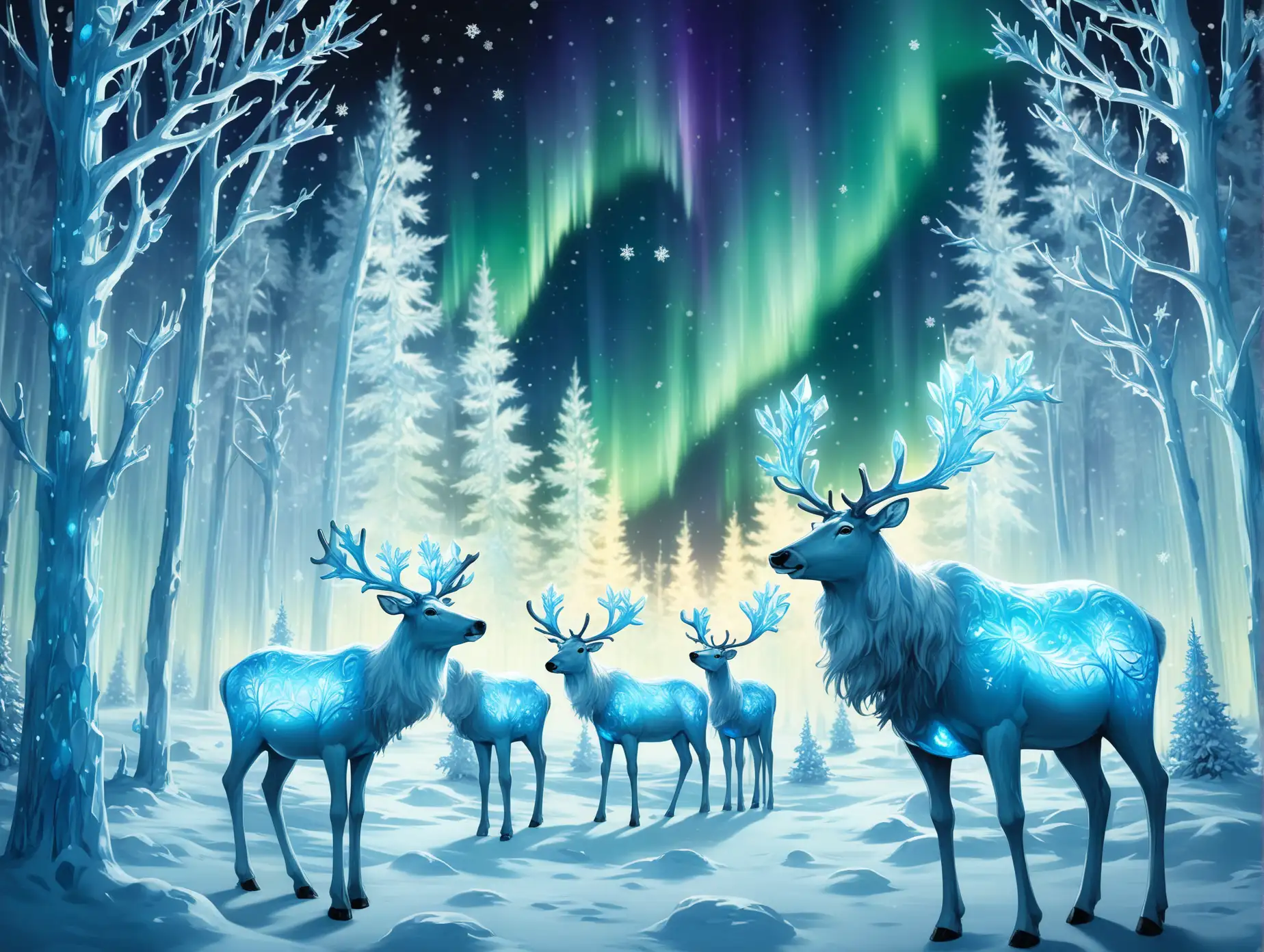 A magnificent reindeer with luminous, frost-touched fur and glowing antlers decorated with small, floating orbs of light stands gracefully in a snowy, enchanted forest. Its antlers softly chime with the sound of tiny enchanted bells as it gazes forward, its breath visible in the cold, magical air. Behind it, three more reindeer, their antlers sparkling with hues of icy blue and silver, graze near a patch of glowing crystalline bushes. The forest glows faintly under the vibrant northern lights, with frost-covered trees shimmering like crystal sculptures, creating a serene and magical winter wonderland.