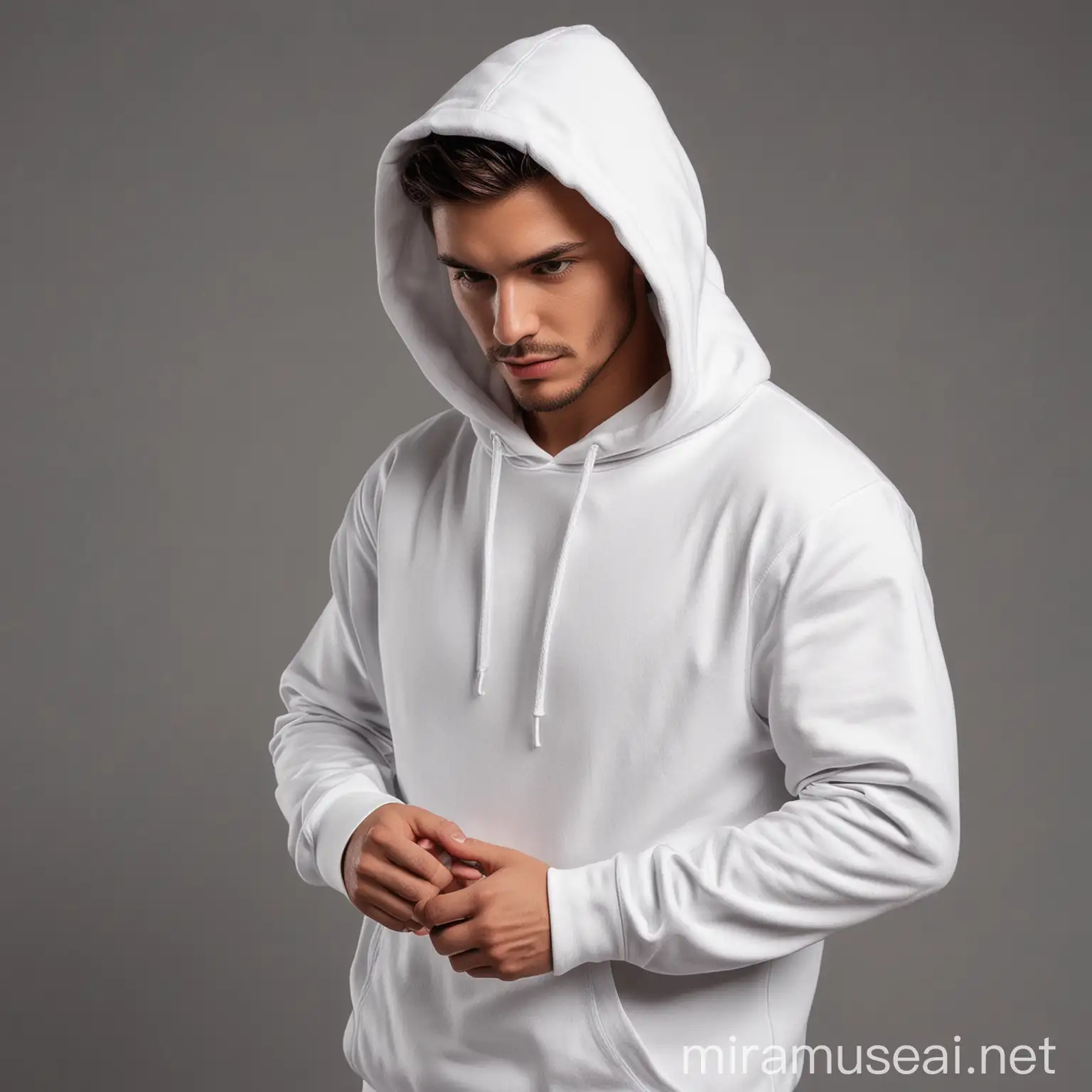 Handsome Man in White Plain Hoodie Front and Back Angles