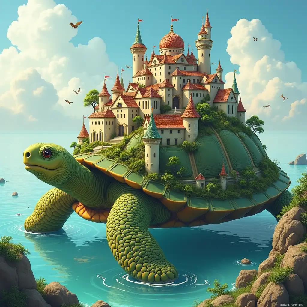 A whimsical cityscape built on the back of an enormous turtle, where buildings and streets meander over its shell and tail, creating enchanting landscapes that blend seamlessly with nature's elements. The turtle's face, appears serene and wise, as if it is guiding the city on its journey through the world.