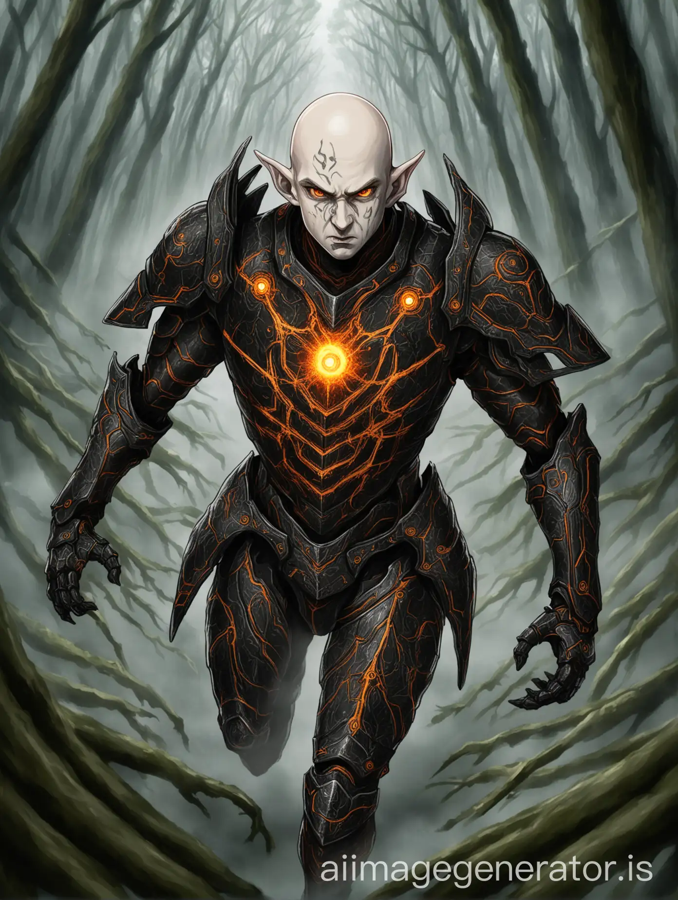 Bald-Elf-Warrior-with-Organic-Armor-and-Multidimensional-Spheres-in-Blurred-Forest