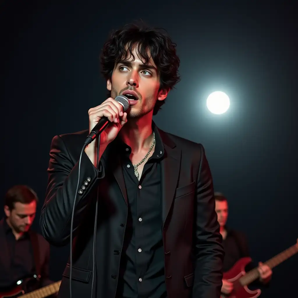 A sexy man on a stage with his music group (bassist, guitar and drums), very handsome at about 27 years old, with black hair and green eyes holding a microphone in his hand singing and the moon in the background