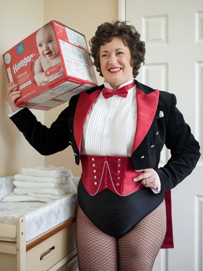 Smiling-MiddleAged-Woman-in-Formal-Tuxedo-Holding-Huggies-in-Nursery