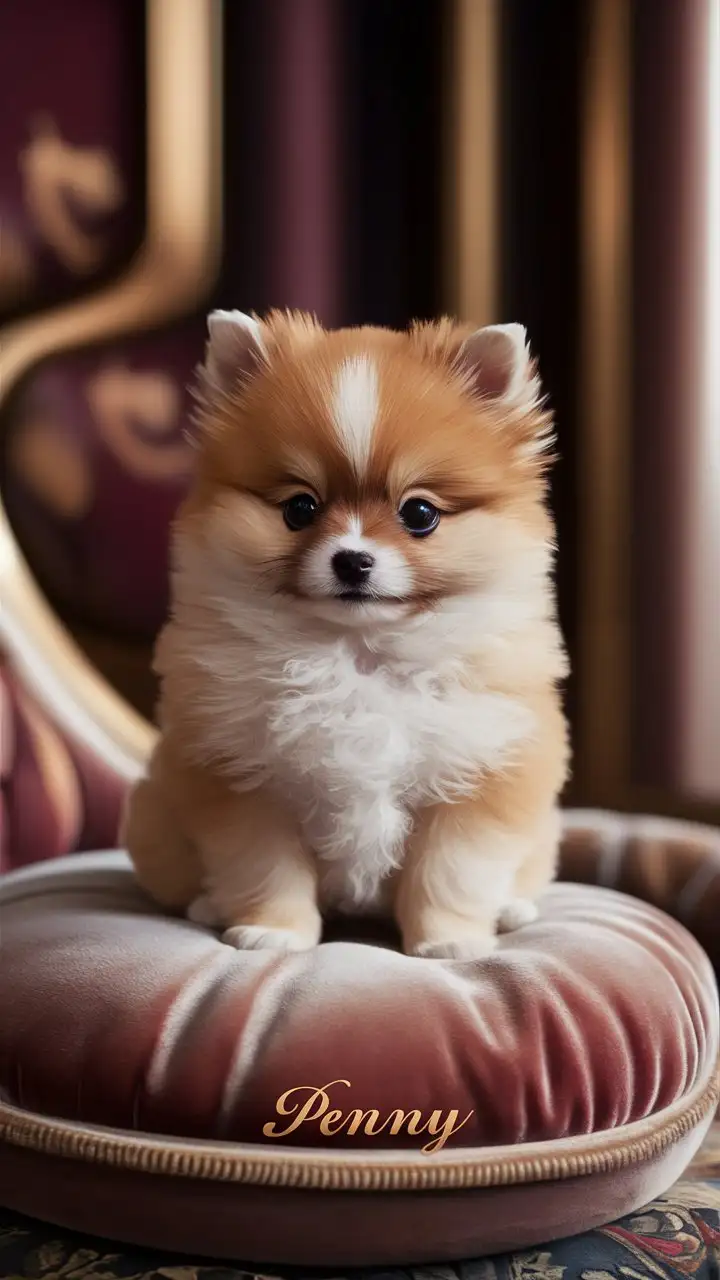 Adorable-Pomeranian-Puppy-Penny-on-Velvet-Cushion-in-Luxurious-Interior