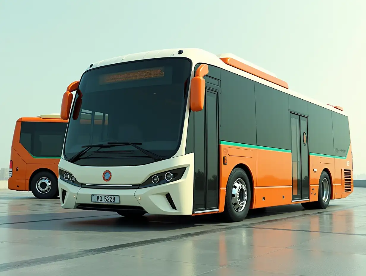 Supermodern bus with spoilers, lowered, aluminum wheels, cream, black orange green colors, Cyberpunk