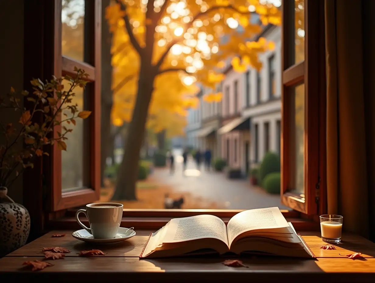 A cozy autumn reading nook by a large open window, overlooking a street lined with trees full of golden-orange fall leaves. The warm sunlight filters through the leaves, casting a soft glow inside. On the wooden table, an open book rests beside a steaming cup of coffee and a glass of warm milk. A few fallen leaves are scattered around, enhancing the autumn ambiance. The background features a charming European-style town with classic architecture, creating a peaceful and nostalgic atmosphere.