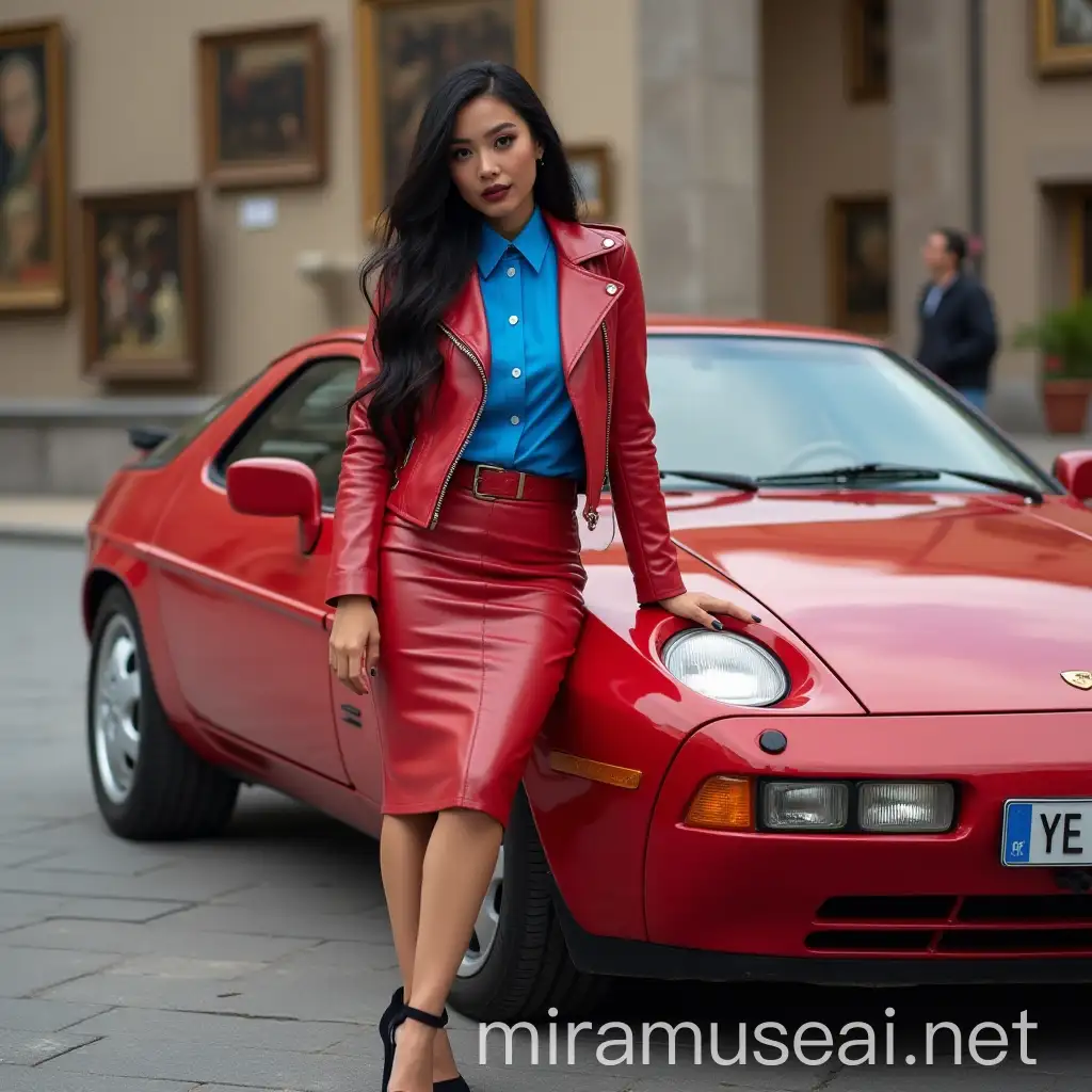 Fashionable Asian Woman in Red Leather Outfit at Art Museum Entrance