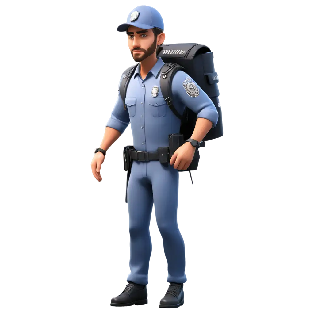 A 3d model male police character who walking and wears a hat and a dangerous looking and face is clear.