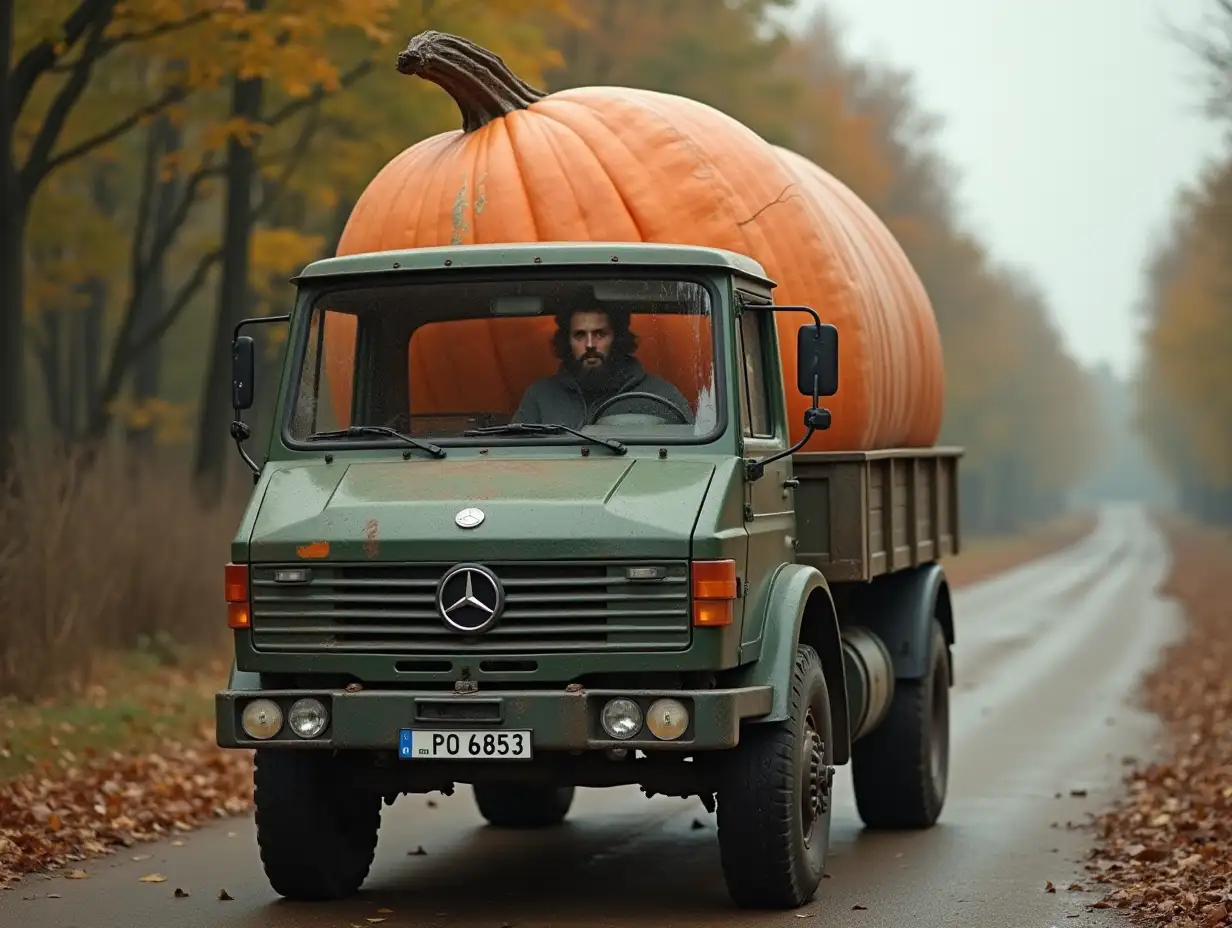 a man with a beard driving in an old mercedes benz unimog truck transporting a big pumpkin